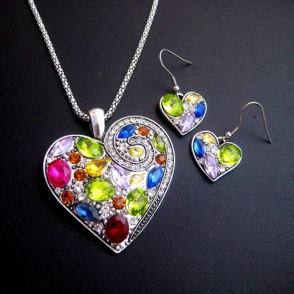 Fashion Jewelry Heart Pendant Necklace & Earrings rhinestones - Picture 1 of 3